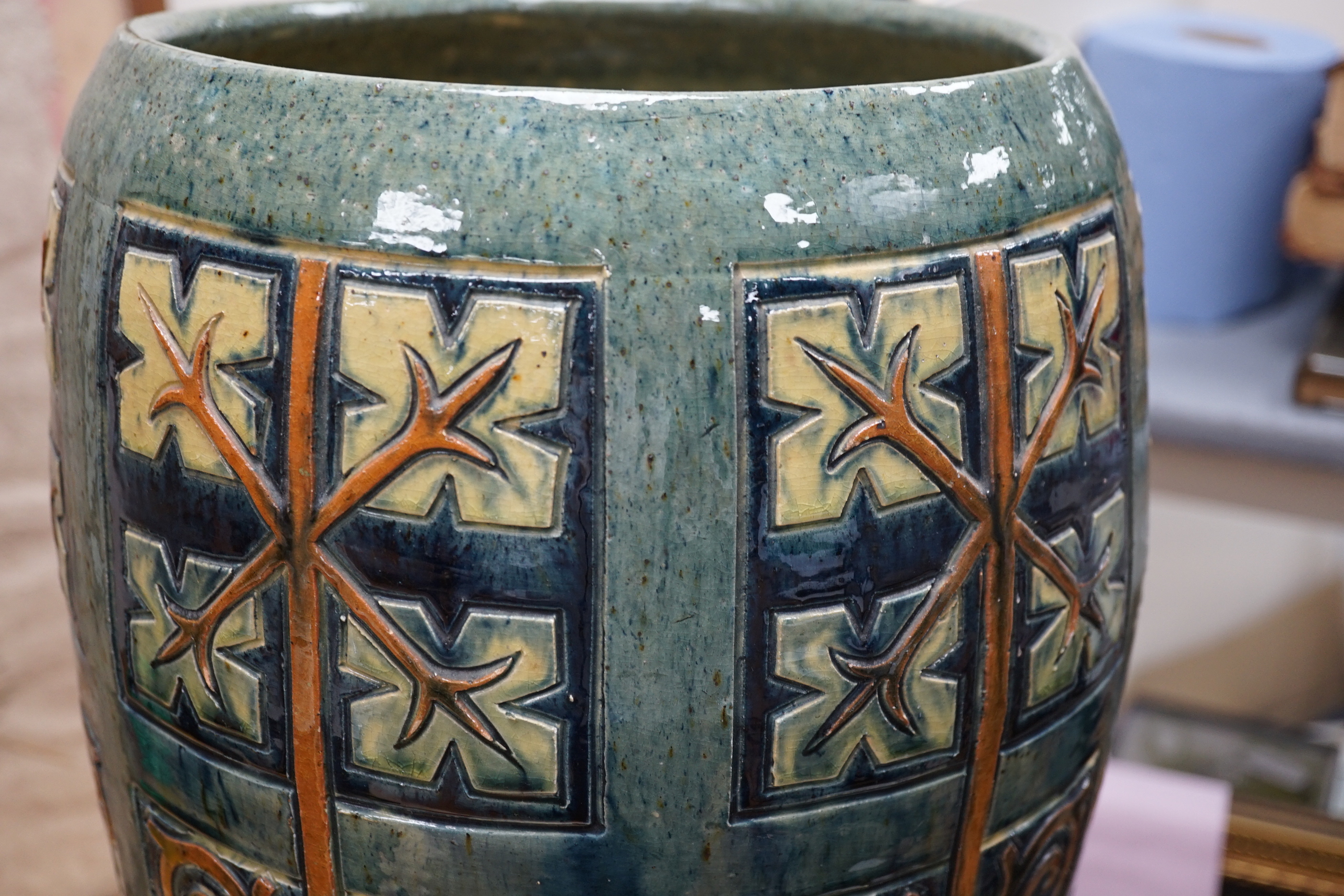 A Continental Art Nouveau pottery umbrella stand, 58cm